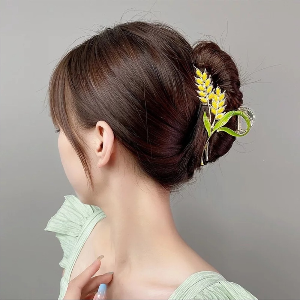 NEW Warm Silver Metal Yellow Wheat Green Leaves Hair Claw
